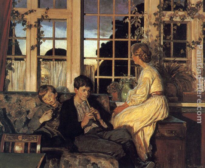 A Mother and Children by a Window at Dusk painting - Viggo Christian Frederick Pedersen A Mother and Children by a Window at Dusk art painting
